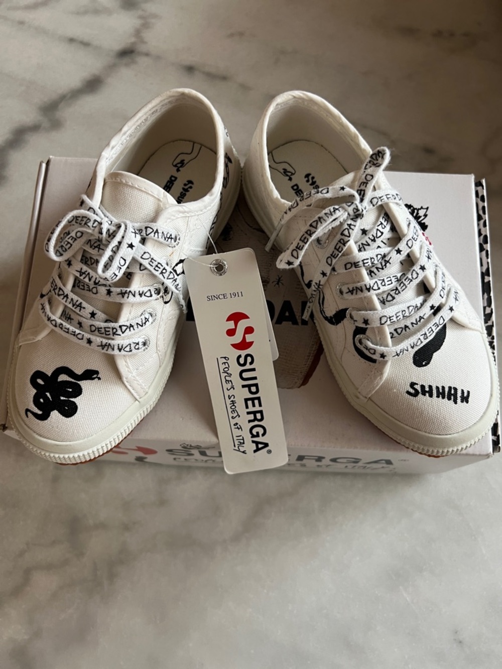Rare Superga x Deer Dana Kids White Canvas Sneaker with Black Snake Graphics
